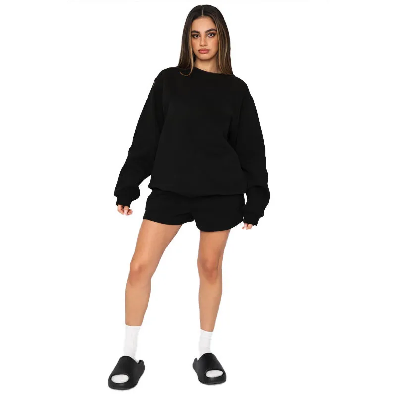 Solid Color Round Neck Pullover Long Sleeved Sweatshirt Women's Fashion Casual Shorts Set