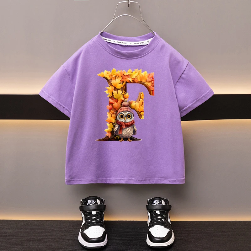 Maple Leaves Letter F Children T-shirt Kawaii Clothes for Girls T Shirt Anime Cartoons Casual Kid Boy Short Sleeve Tops New 2024