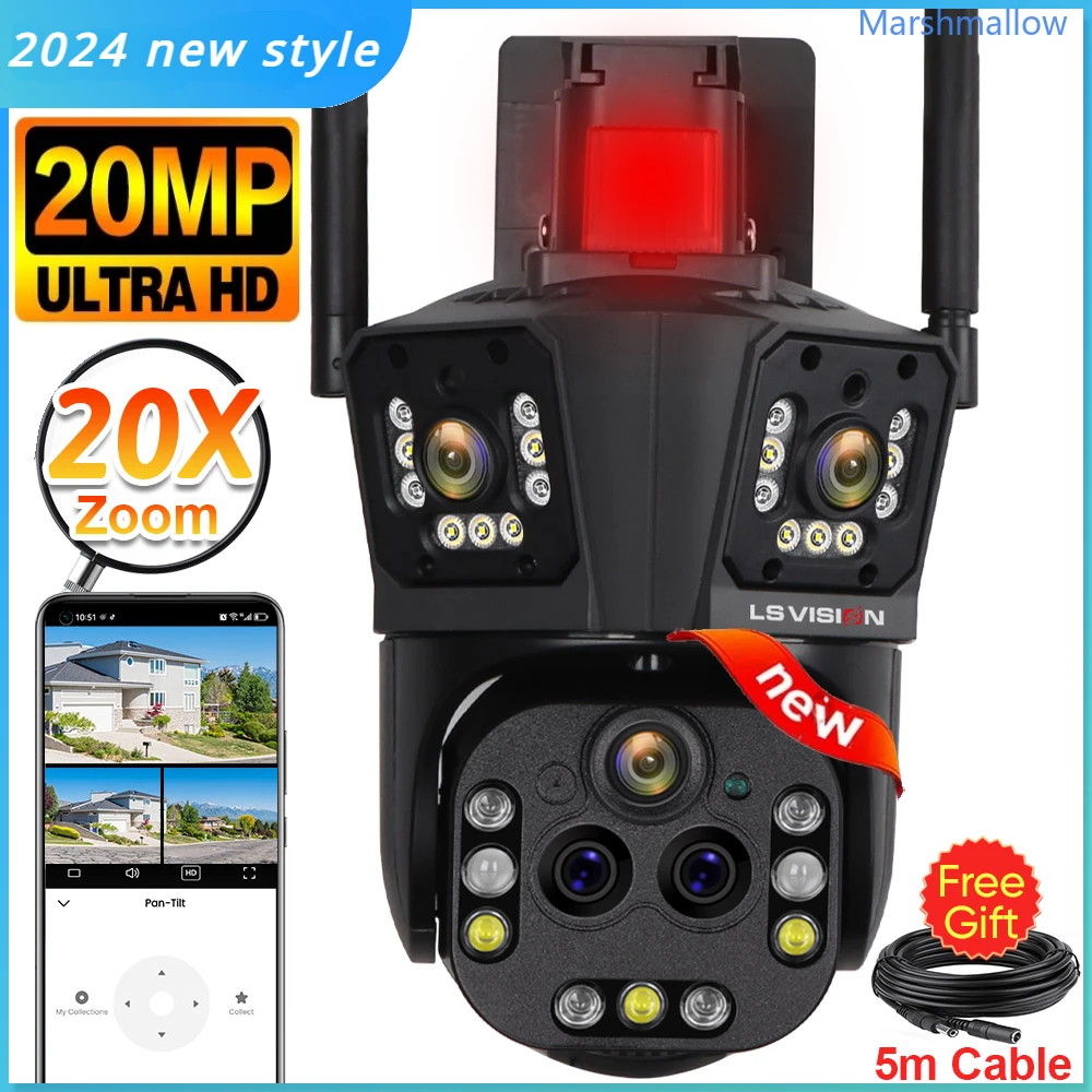 10K 20MP WiFi IP Camera Five Lens 20X Zoom Outdoor 360° Surveillance Security Camera Smart Home Ai Tracking CCTV Cam