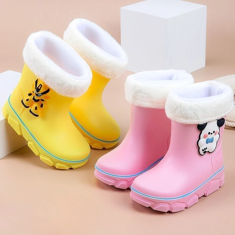 

Boys Girls Rain Boots Warm Fleece Lined Waterproof Non Slip Toddler Baby Shoes Cute Cartoon Design for Kids Walking Rainy Days