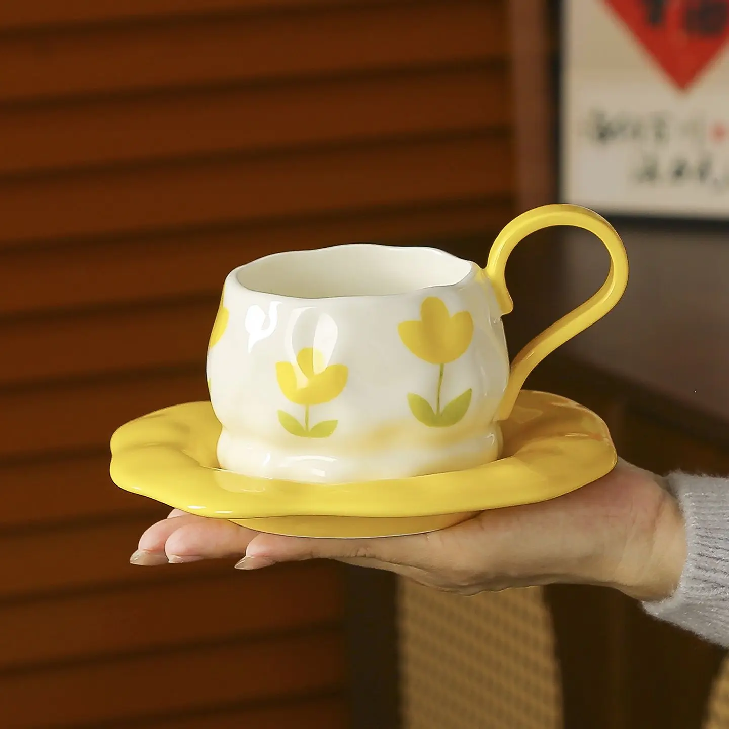 Hand Drawn Tulip Cups and Plates, Cute Ceramic Coffee Cups Plate Sets  Girls' Gifts Accompanied By Handmade Cups Birthday Gift