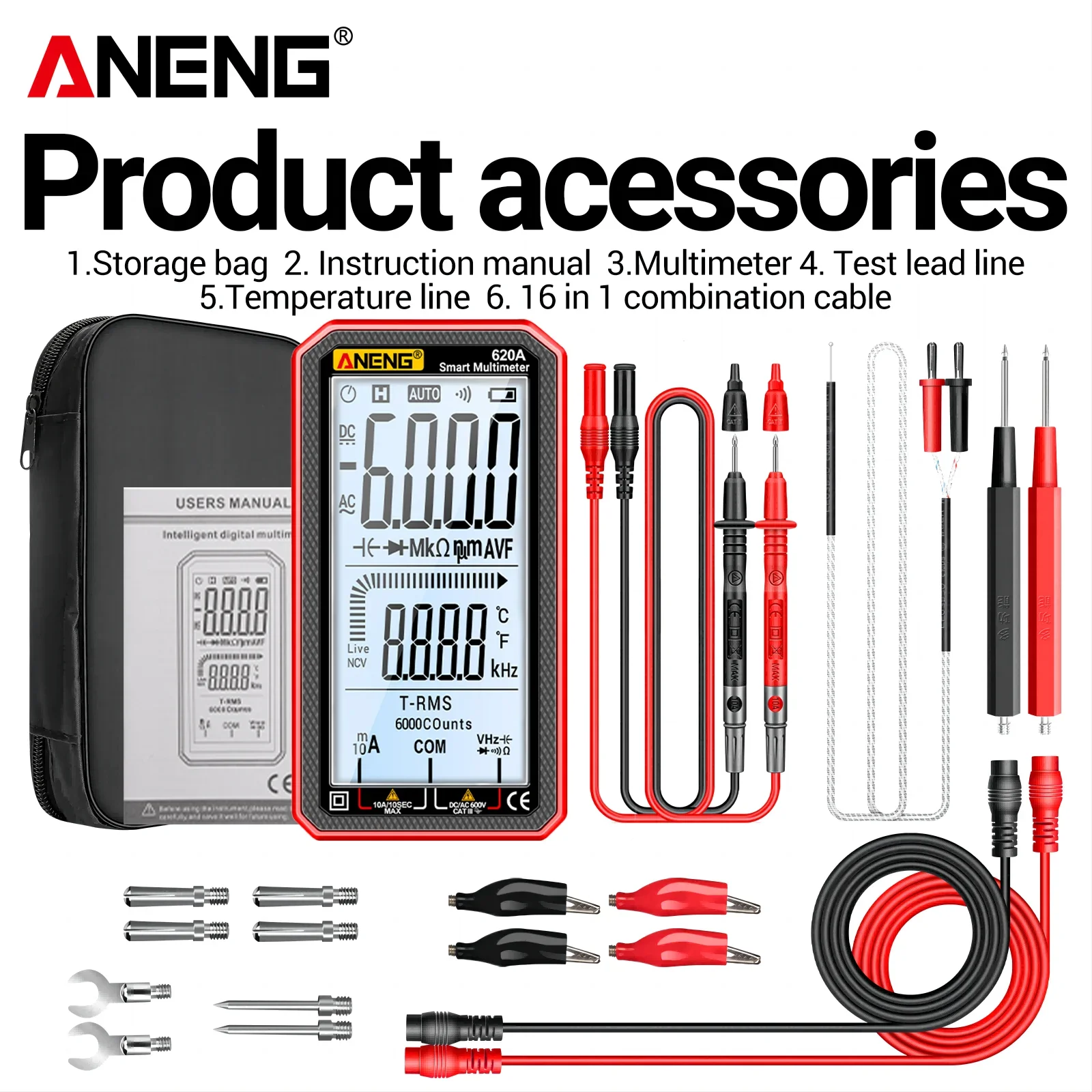 ANENGDigital Smart Multimeter Transistor Temp Resistance 620A Testers True RMS Auto Electrical Capacitance Meter 6000 Counts