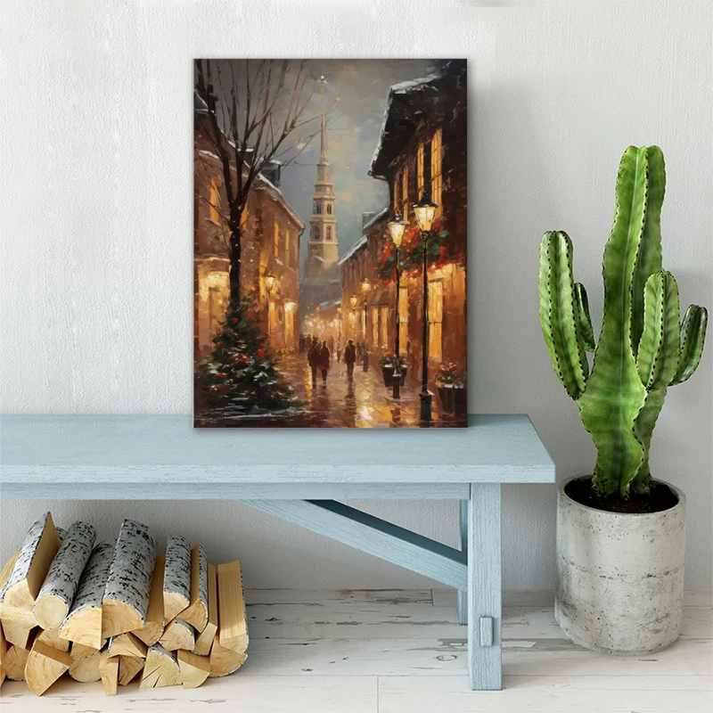 Framed Wooden Frame Vintage Christmas Scene Canvas Painting for Cityscape Decoration Suitable for Weddings Graduation Ceremony