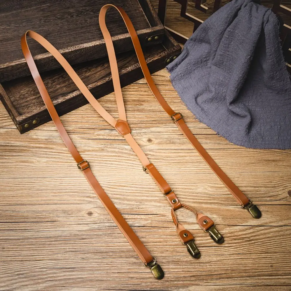 Fashion 1.5CM Suspenders for Men Retro Black Leather Suspenders Anti-slip British Style Suspender Clip Men