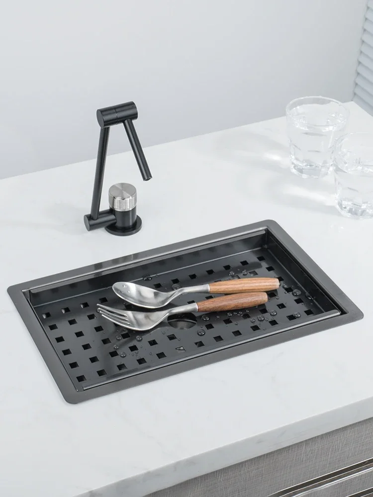 Black Nano Rectangular Stainless Steel Small Water Channel Middle Island Counter Bar Kitchen Tea Room Sink Mini Single Sink