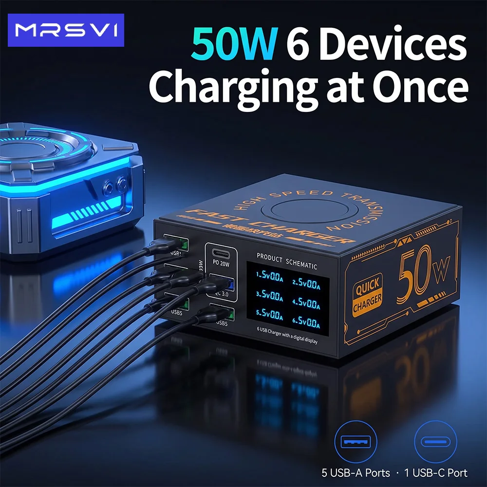 MRSVI 50W 6-Port USB-C Desktop Charging Station with PD20W & QC3.0, LED Display, Fast Charging for iPhone/iPad/Samsung