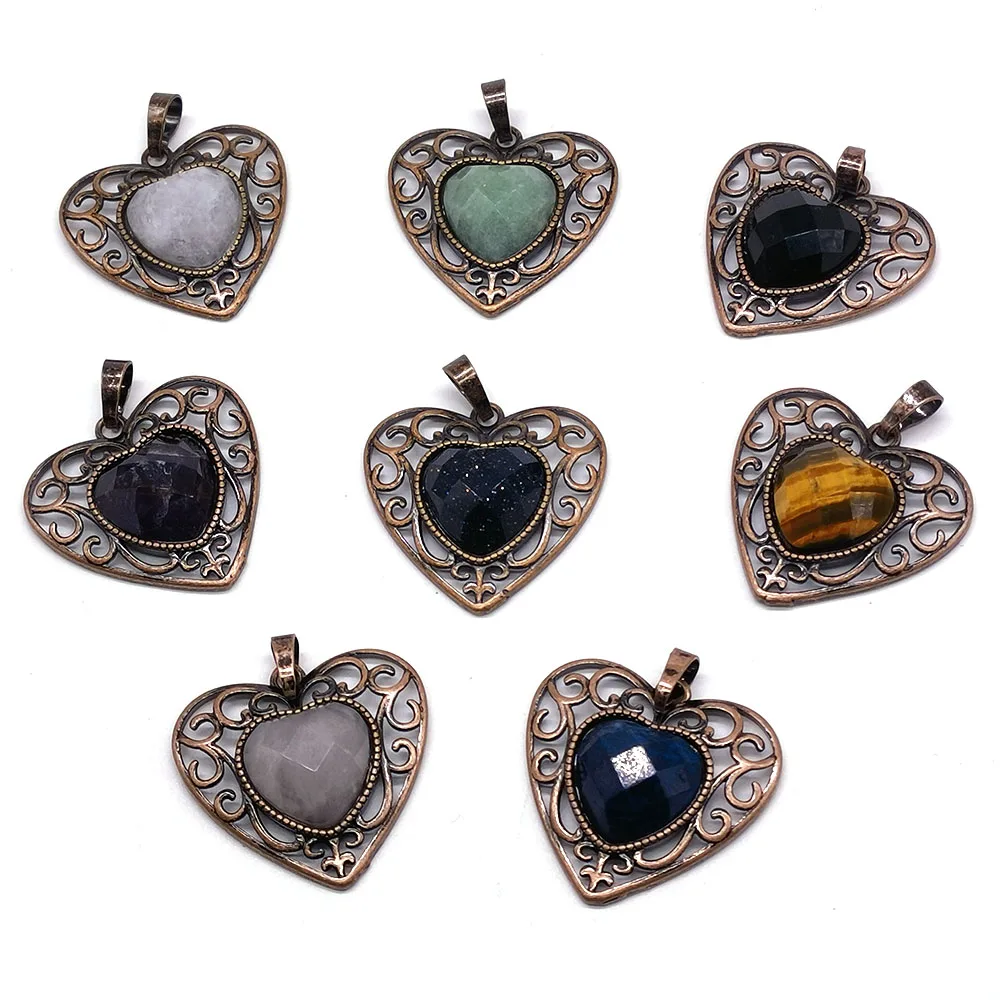 

Natural Gem Stone Heart Love Shape Pendant Amethyst Tiger Eye Opalite Quartz Charms for Jewelry Making DIY Necklace Accessories