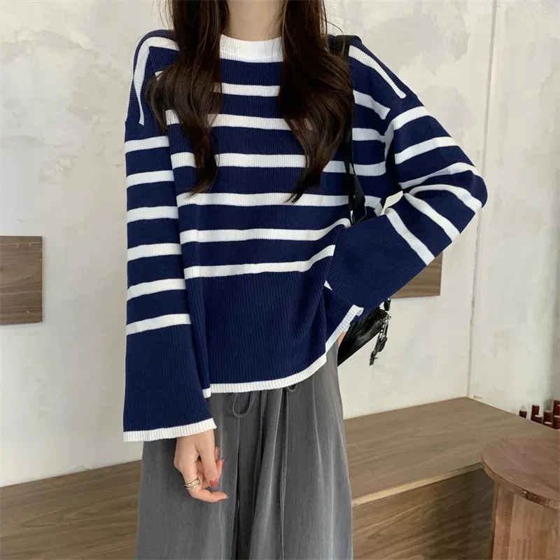 Women Striped Loose Thick Warm Sweater Autumn Winter Casual Pullover Korean Vingate O Neck Long Sleeve Office Lady Jumpers