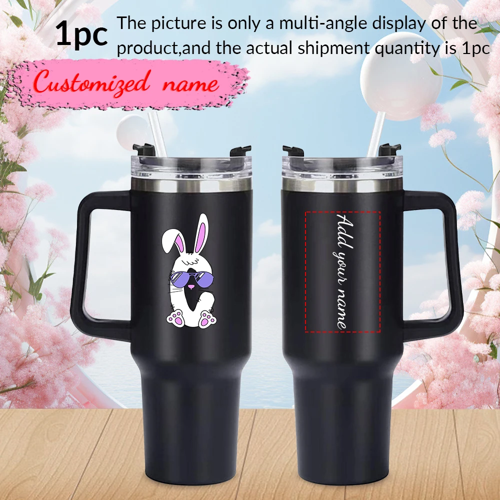 1pc 40oz Customized Name Stainless Black Water Tumbler with Handgrip Print Easter Bunny Hot Cold Insulated Festive Drink Cups