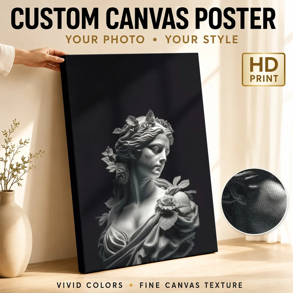 Marble Bust of a Woman with Flowers Framed Canvas Poster Personalized Photo Contemporary Wall Paintings Decoration for Bedroom