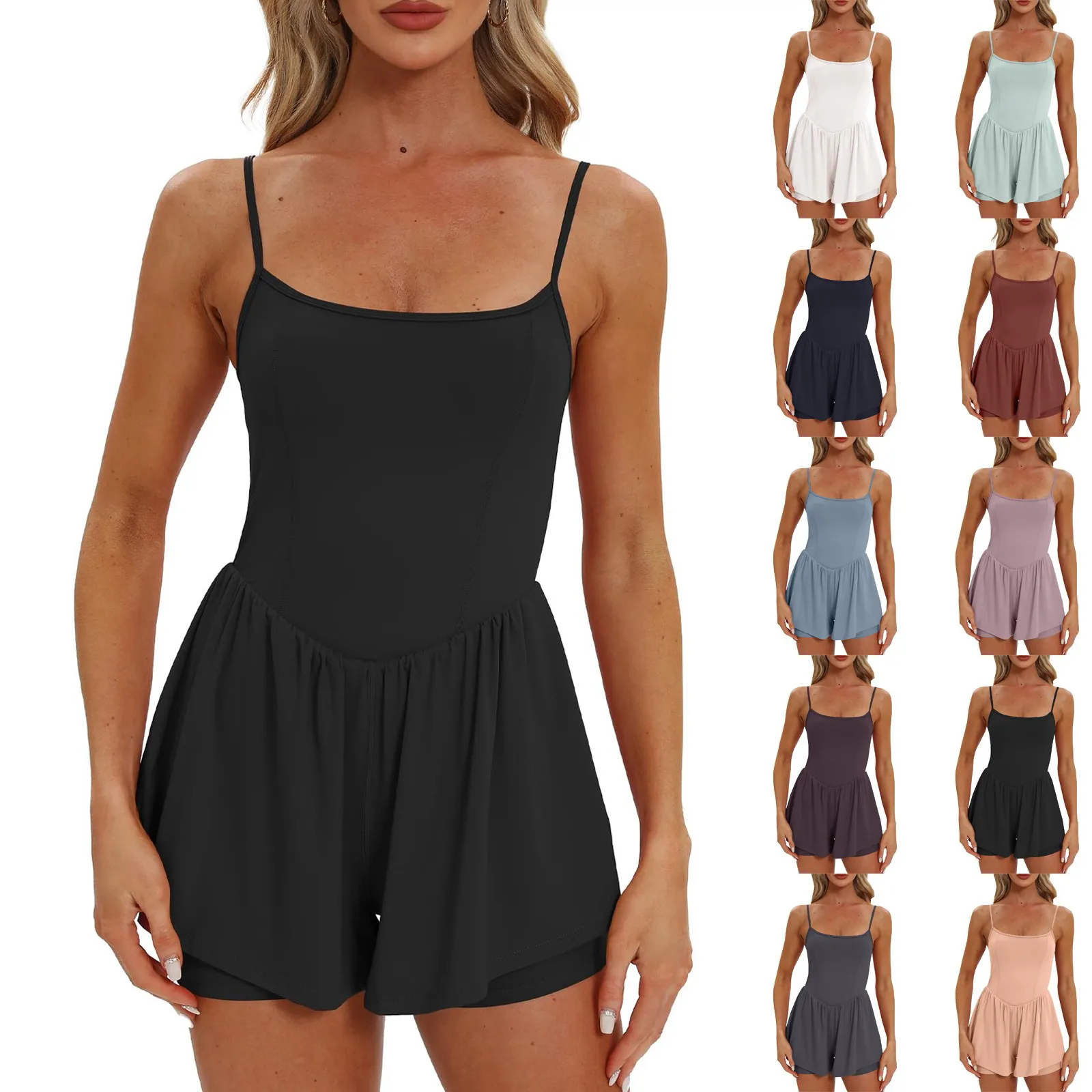 Women'S Rompers Summer New Fashionable Jumpsuit Spaghetti Straps With Inner Shorts Solid Color Sleeveless 2024 Jumpsuit Stylish