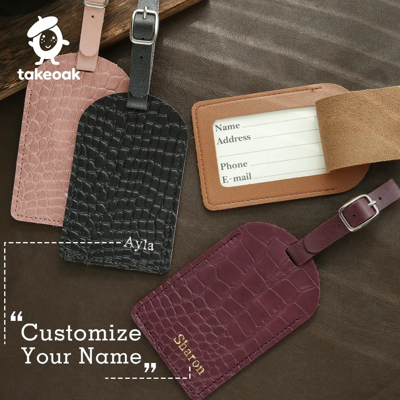 

Personalized Leather Luggage Tag with Custom Name Luxury Croc Texture Travel Baggage Tag for Wedding Gift