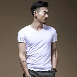 2024 New Men's Tops Tees T Shirt Pure Color ModaL Short Sleeved T-Shirt Male V-Neck Tops Bottoming Shirt