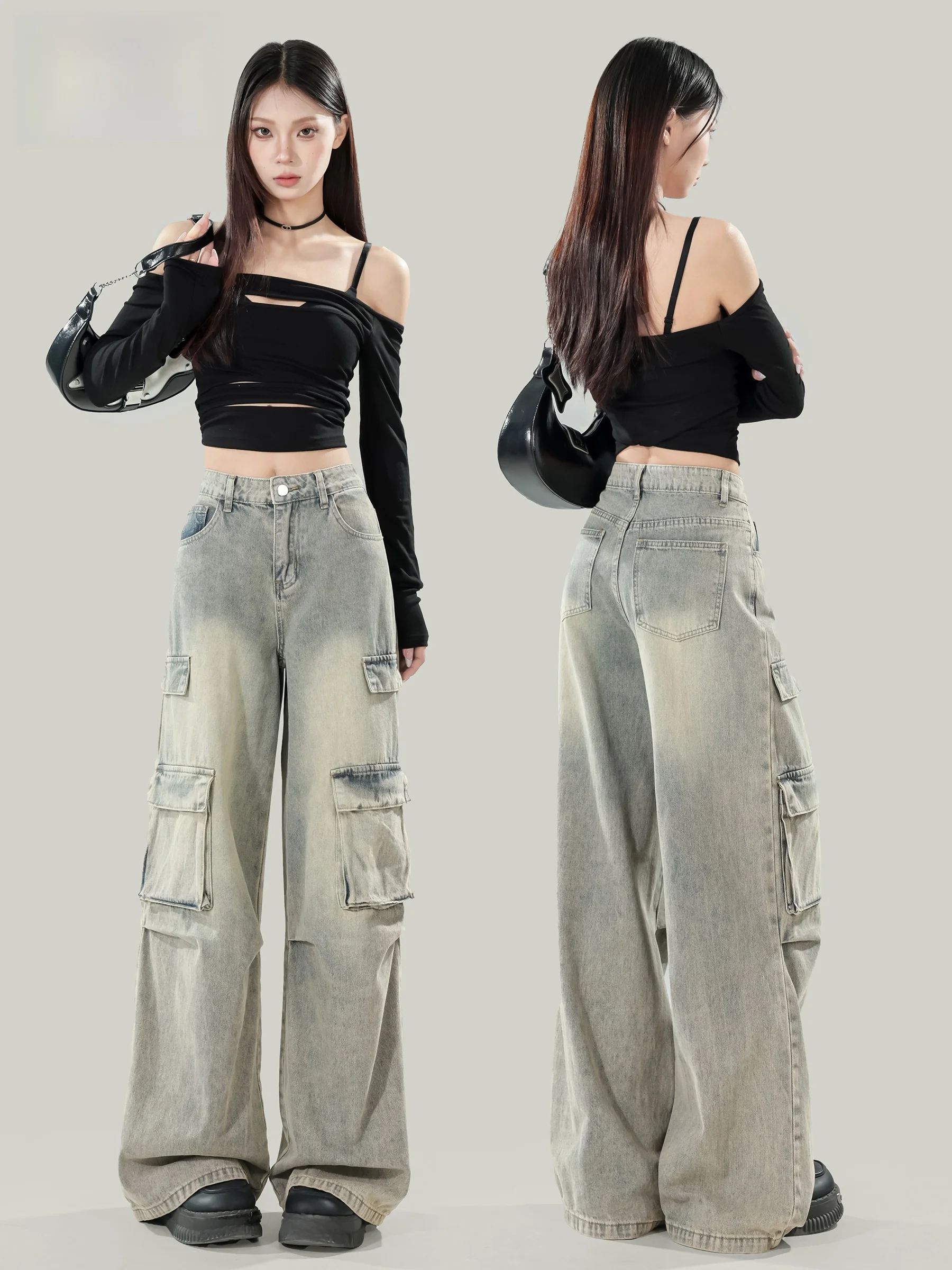 

High Waist Straight Leg Workwear Jeans Women's Summer New Loose Design Wide Leg Pants Trousers Denim Fabric Wear Resistant