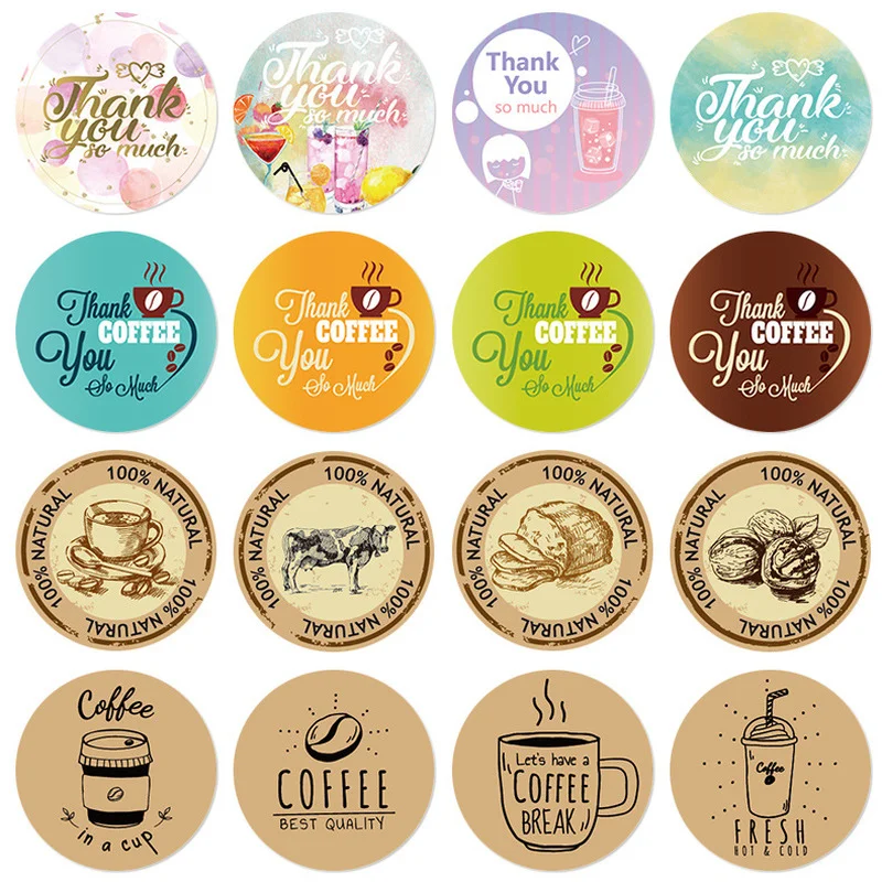 500pc/roll Round Thank You Sticker Label Coffee Shop Baking Cake Sealing Sticker Birthday Party Decorations Labels