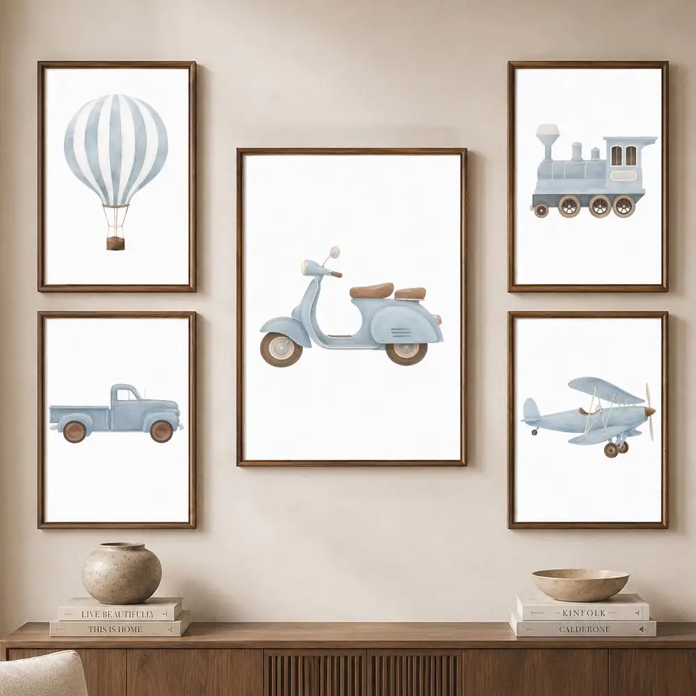 Nursery Vintage Vehicles Airplane Train Balloon Car Sailboat Poster Modern Aesthetic Wall Art for Home Bar Cafe Bathroom Decor