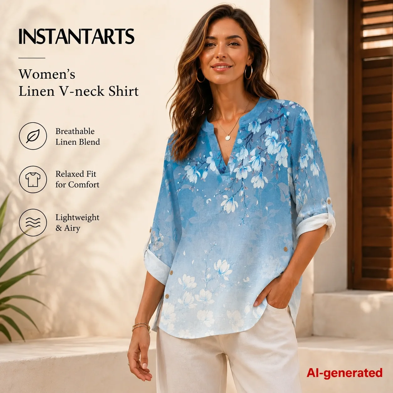 INSTANTARTS Autumn Button Shirt Women's Linen V-Neck Shirt Elegant Blouse for Women Plus Size Women Clothes Traf Woman S-3XL