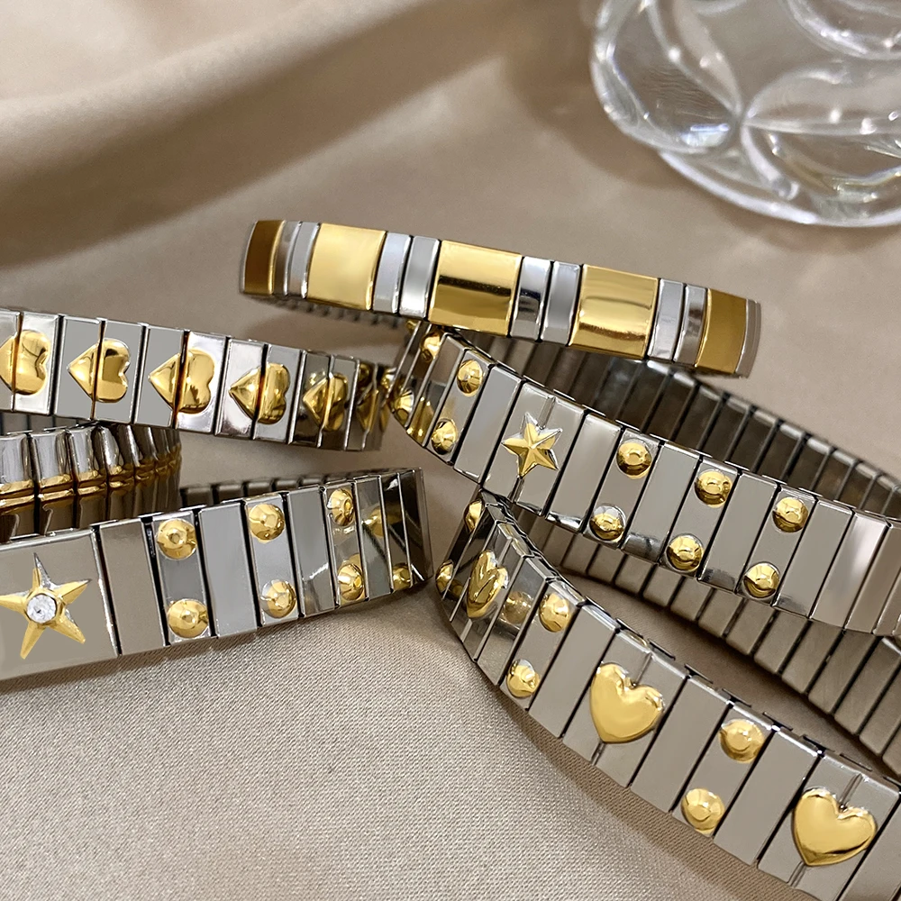 Vintage Stainless Steel Elastic Chunky Bracelets for Women Men Golden Star Heart Adjustable Watchband Bangles Waterproof Jewelry