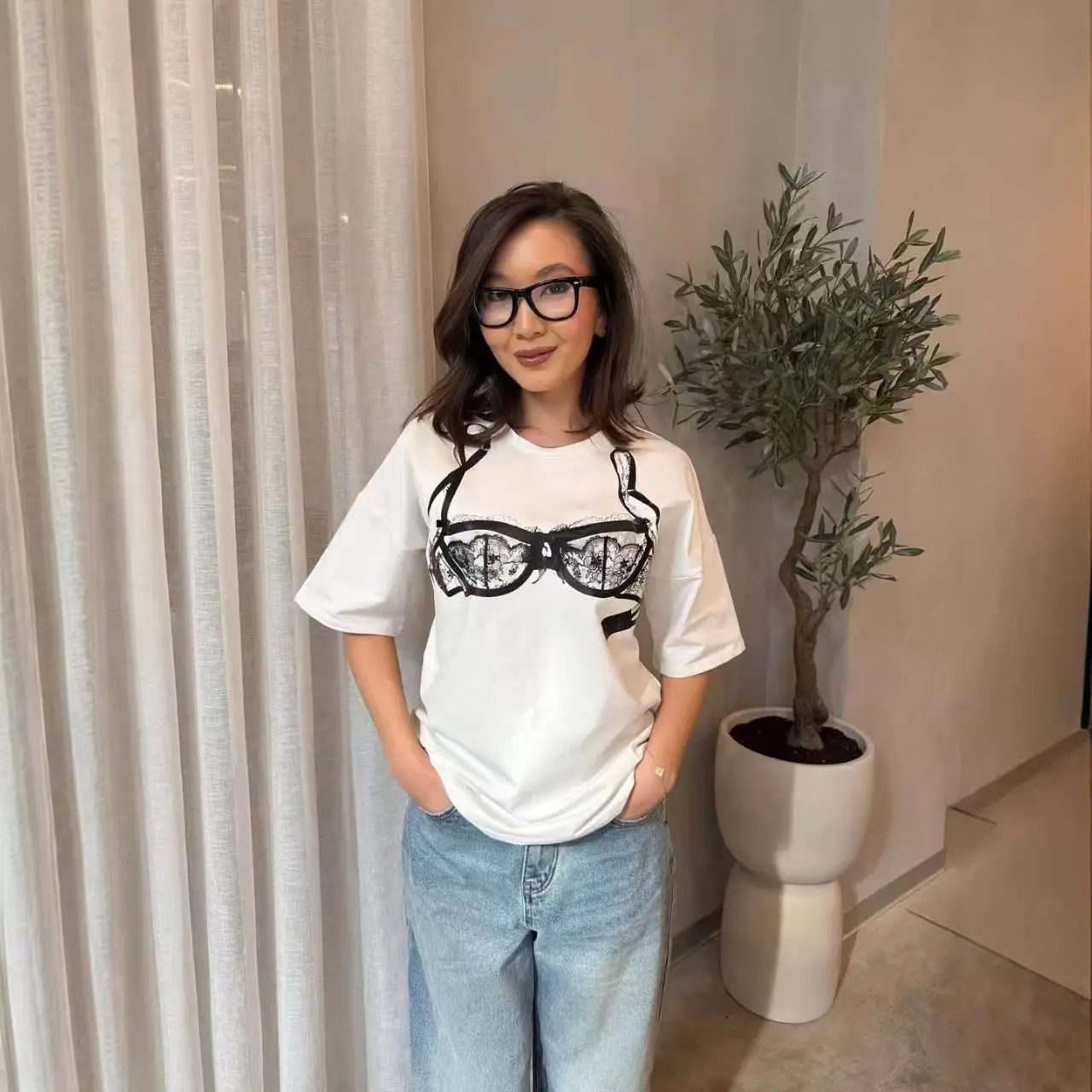 Sexy Lace Lingerie Funny Printed White T Shirt for Women All-match Y2k Aesthetic 100% Cotton Tshirt Oversized Ladies Summer 2026