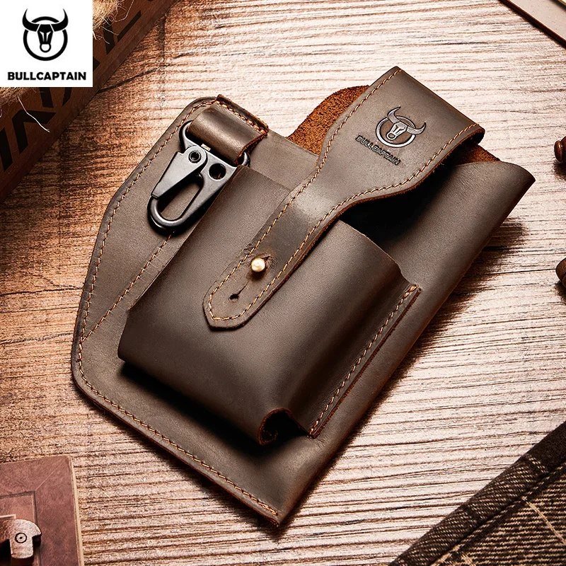 BULLCAPTAIN 2022 New Men's Leather Waist Bag Can Be Used For 5.5-6.8-Inch Mobile Phone Carrying Cigarette Case Outdoor Bag