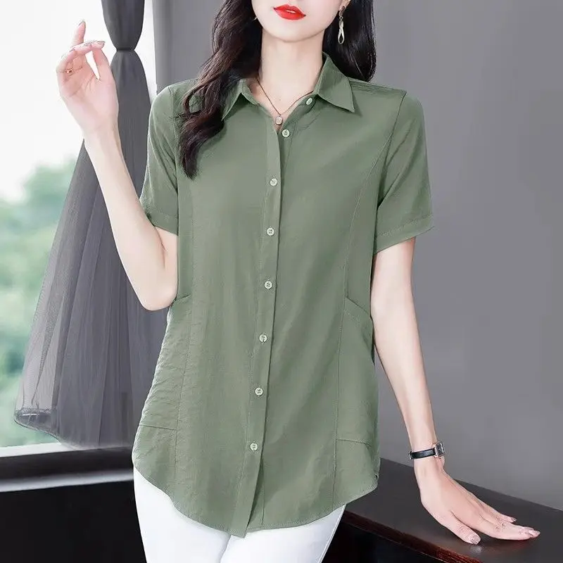 Women Summer Simplicity Loose Solid Color Polo-Neck Short Sleeve Shirts Women Clothes Casual All-match Appear Thin Elegant Tops