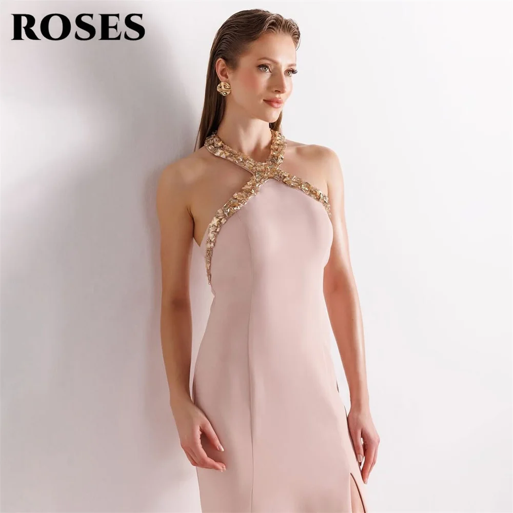 

ROSES Blush Pink Halter Prom Dresses Crystal Studs Celebrity Dress with Side Slit Women's Evening Dresses Formal Gown Customized