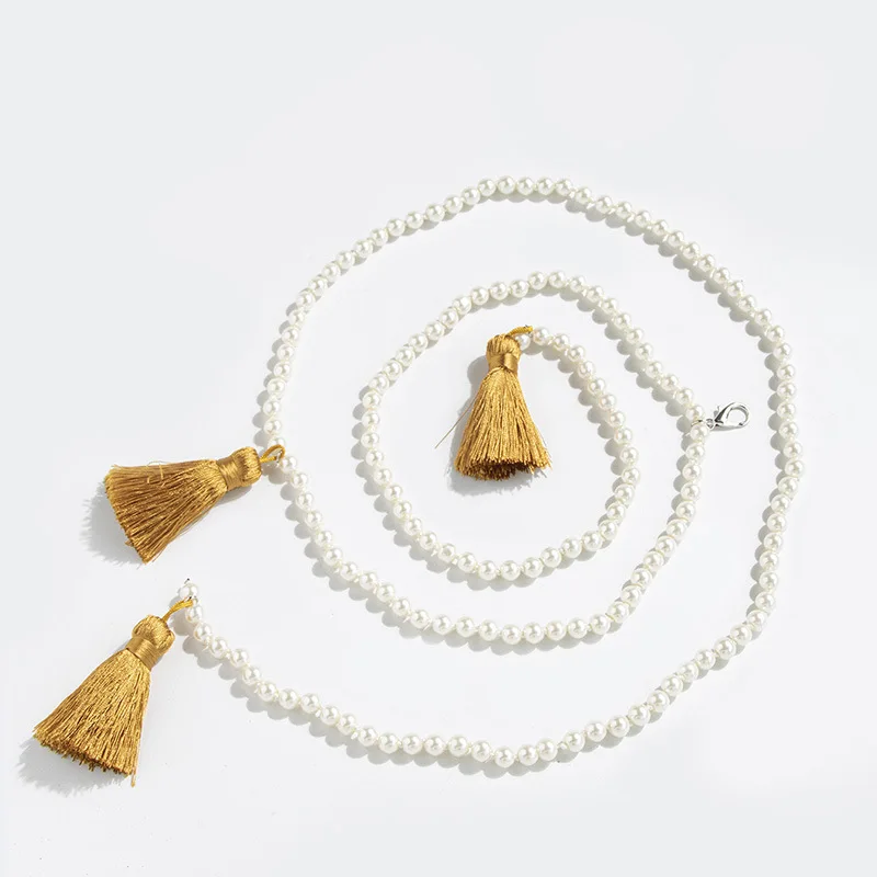 حزام نسائي أنيق على الطراز الصيني مع شرابات لؤلؤية، وسلسلة خصر هانفو ذات ملمس جميل وملمس راقي