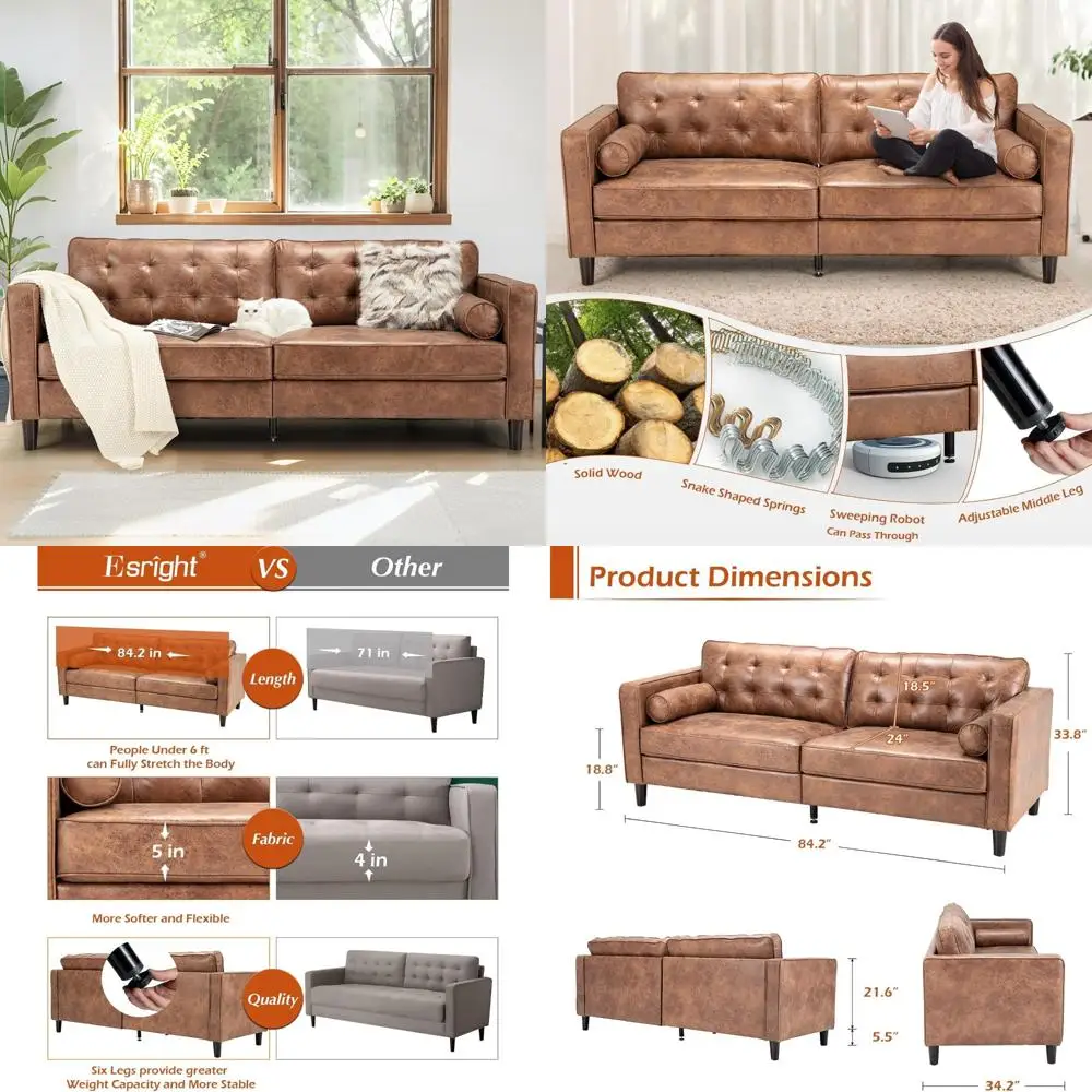 أريكة جلدية صناعية حديثة بثلاثة مقاعد في منتصف القرن، أريكة عتيقة مقاس 8.2 بوصة مع وسادتين مع وسادتين، أريكة بنية كبيرة لغرفة المعيشة