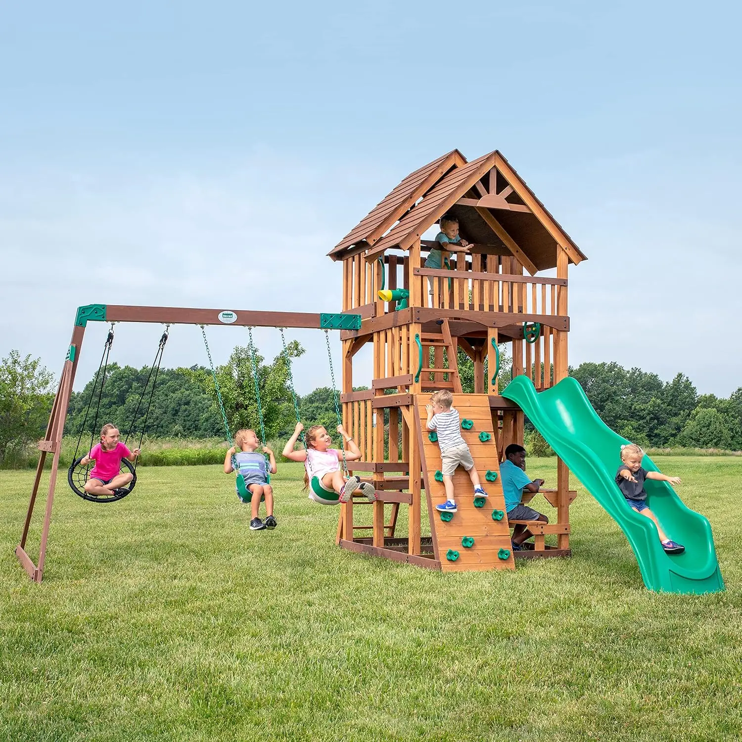 Highlander Cedar Wood Swing Set with Wave Slide, Three-Story Clubhouse, Rock Wall, Picnic Table, Belt Swings, Web Swing, Sandbox