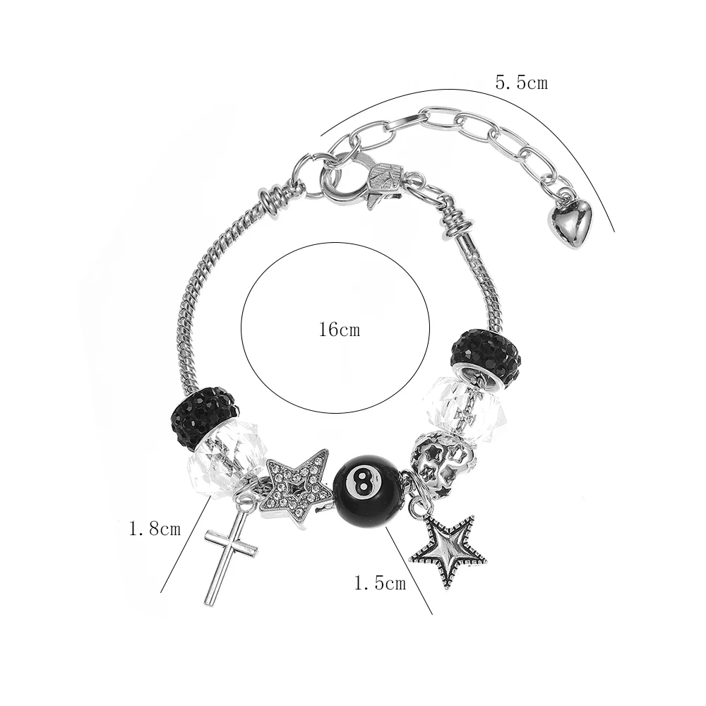 Süßes, cooles Armband mit großen Perlen im Schlangenknochen-Stil, Stern-, Herz-, Kreuz- und Billard-Anhänger, verstellbares Accessoire für Damen und Herren, Geschenk. – Detail 3