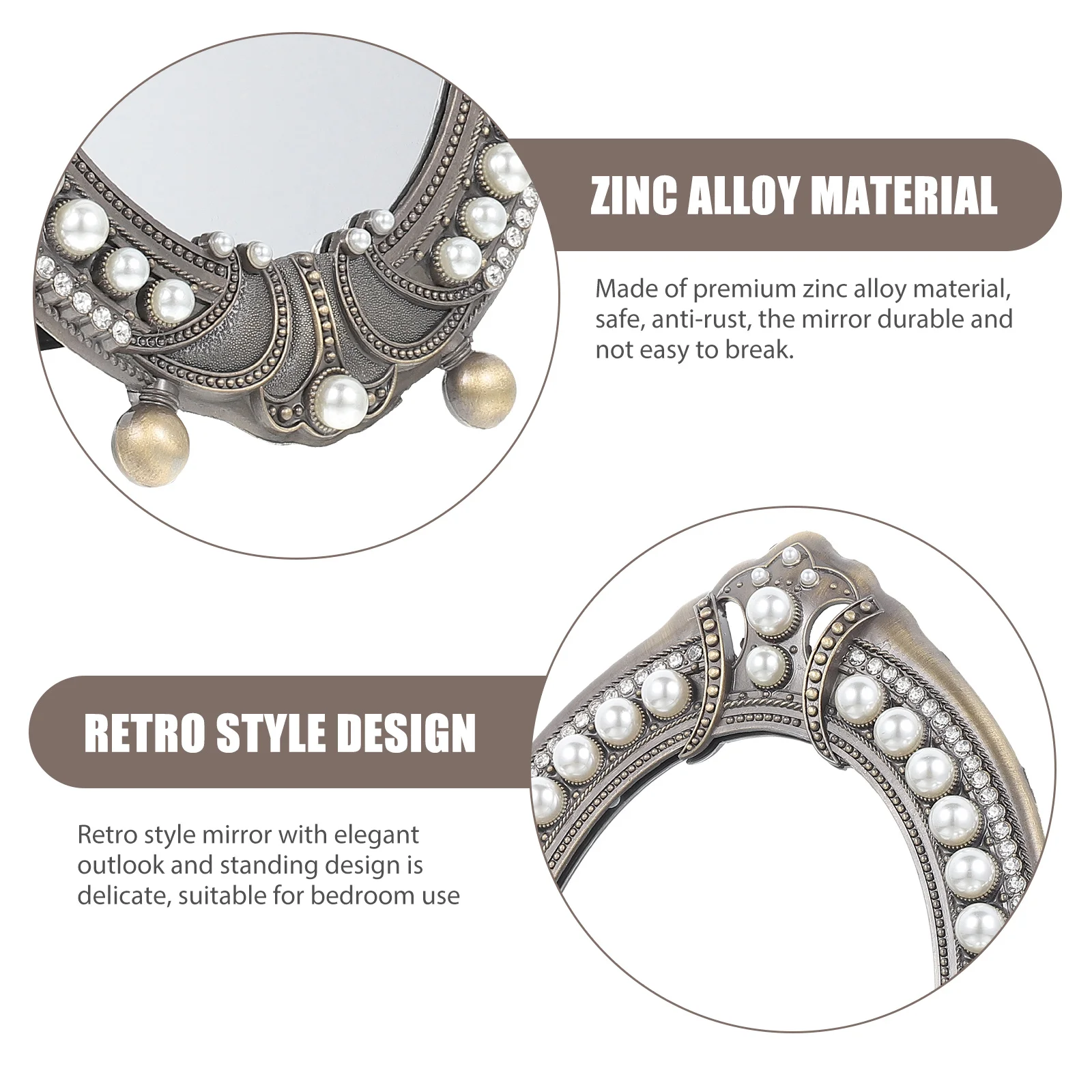 

Vintage Pearl Decorative Makeup Mirror Desktop Standing Retro Zinc Alloy Durable High Definition Dressing Mirror for Bedroom