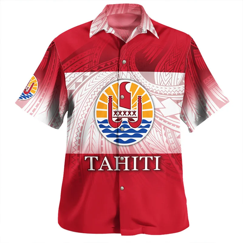 Tahiti Polynesian Hawaiian Shirts For Men Clothes 3d Printed Tahitian Tribal Short Sleeves Lapel Blouse Tops Summer Button Shirt