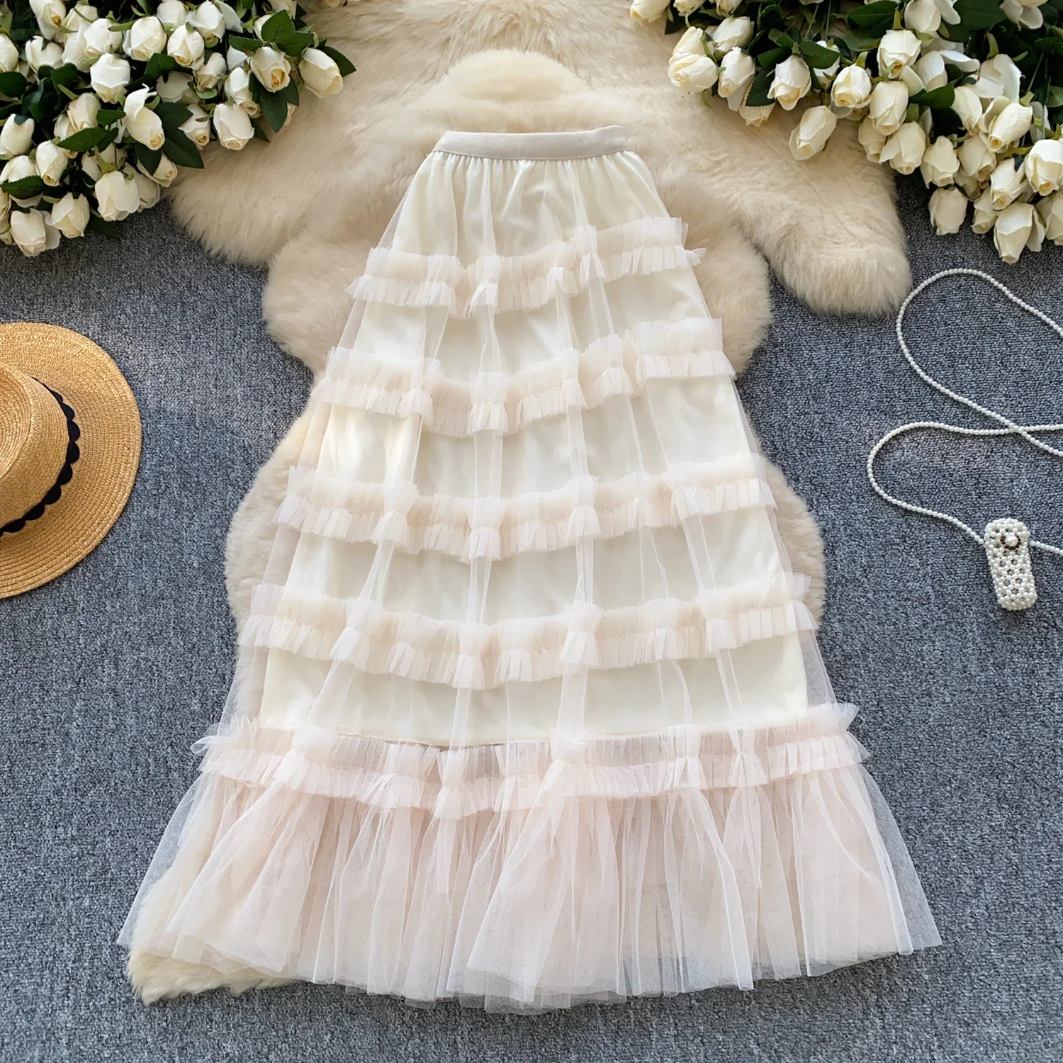 Chic sweet mesh Vintage Casual Elastic High Waist Edible Tree Fungus Fairy  A-line Long Skirt French High Street Women Clothing