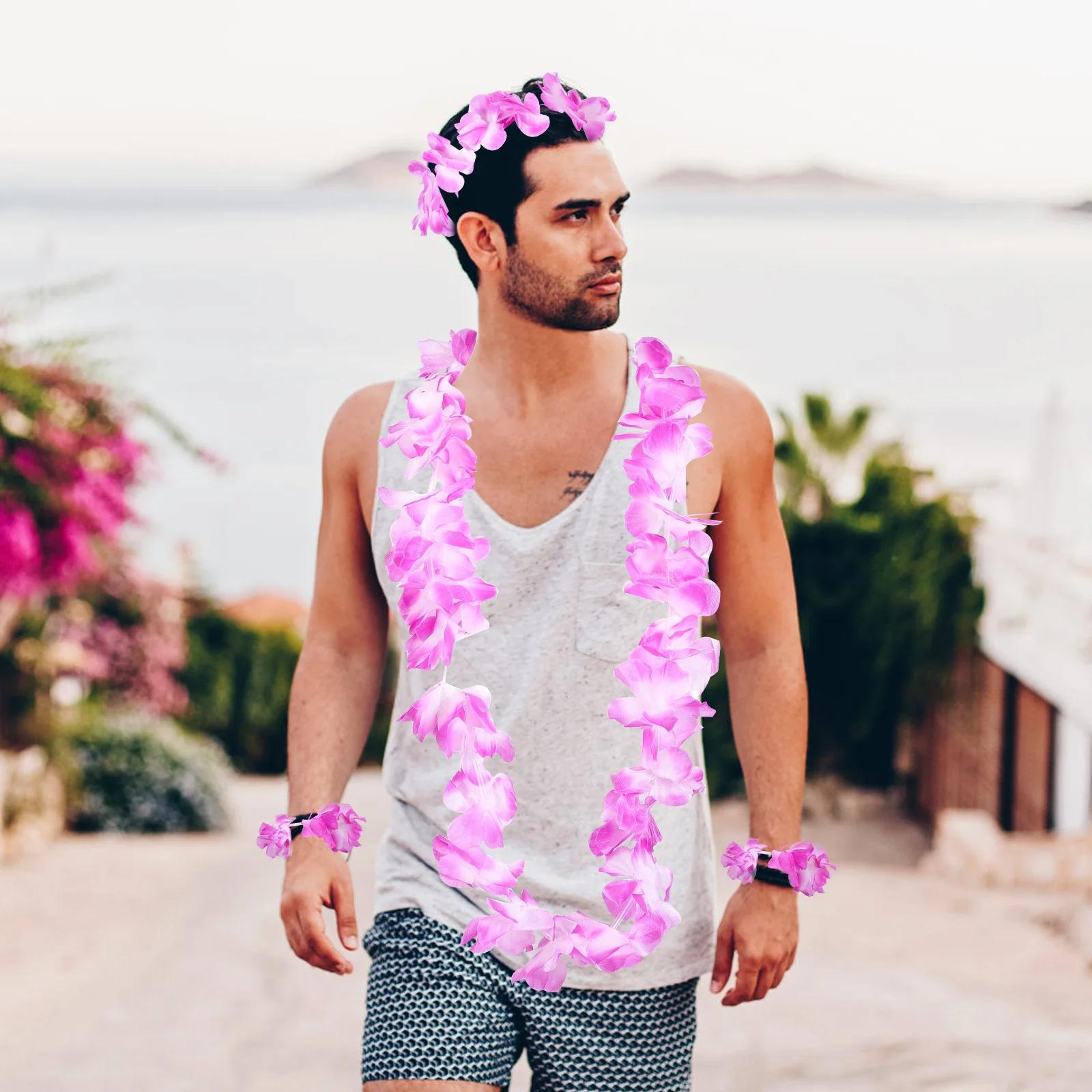 

7 Sets/pack Necklace Garland Flower Hawaii Flowers Inflatable Hawaiian Leis Luau Man