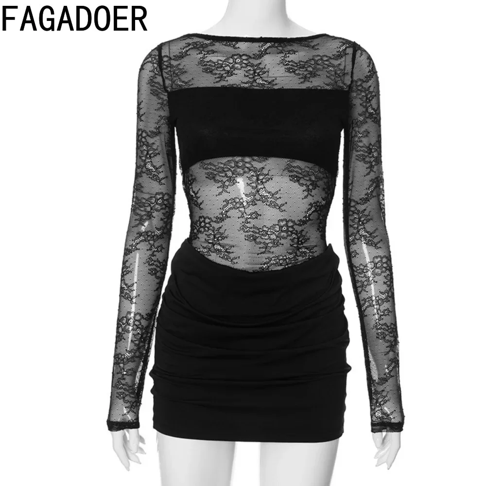 FAGADOER-Mini Vestidos ajustados con perspectiva de encaje para mujer, ropa transparente de manga larga con cuello redondo, color negro, Sexy, 2024