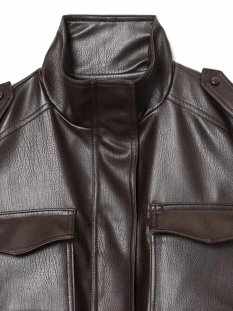 Stile europeo e americano autunno nuova moda abbigliamento da donna versatile giacca a maniche lunghe in similpelle lucida con colletto alla coreana