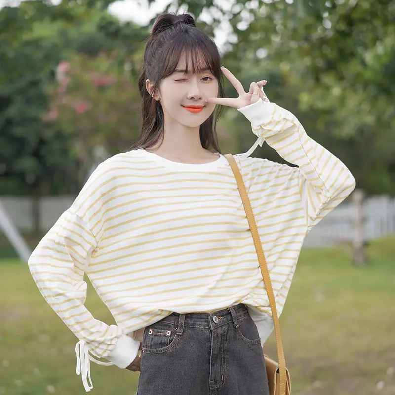 Fashion O-Neck Shirring Striped Lace Up Bow T-Shirt Female Clothing 2023 Spring Autumn New Casual Pullovers Sweet Tee Shirt