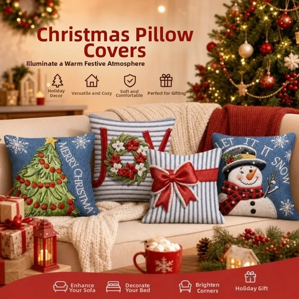 Cartoon Christmas Pillow Covers Santa Claus Snowman Throw Cushion Case 45*45 cm Flat Printing Holiday Cushion Cover