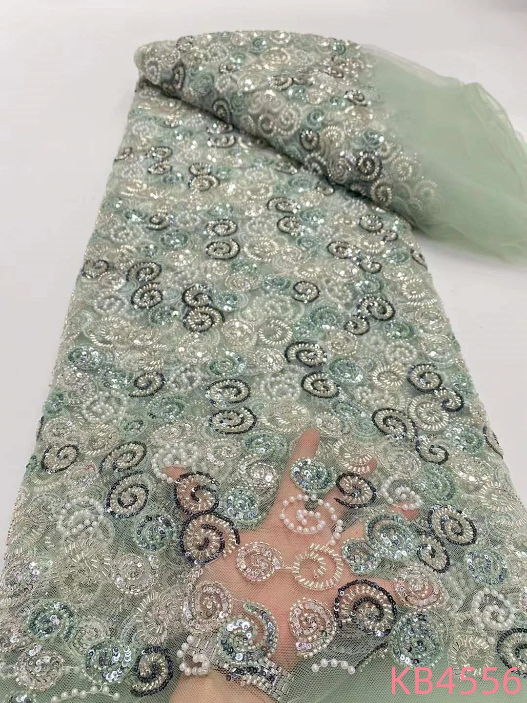 Afrikanischer Perlen-Spitzenstoff, afrikanischer Spitzenstoff 2024, hochwertige 5 Yards, grüne Sequenz, Netzstoffe, Materialien für Kleider KB4556