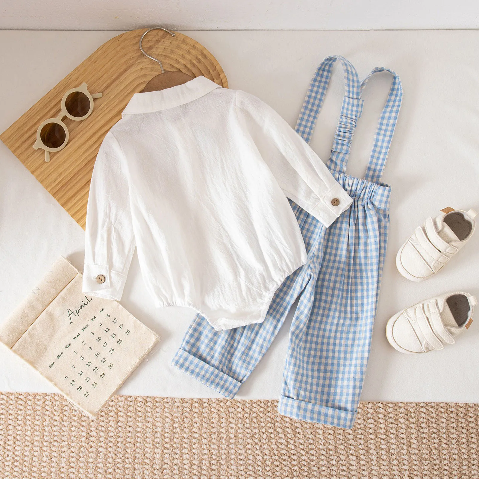 ملابس رسمية للأطفال الأولاد بأكمام طويلة مع سروال بحمالات منقوش لحفلات الزفاف وأعياد الميلاد وحفلات استقبال المولود الجديد