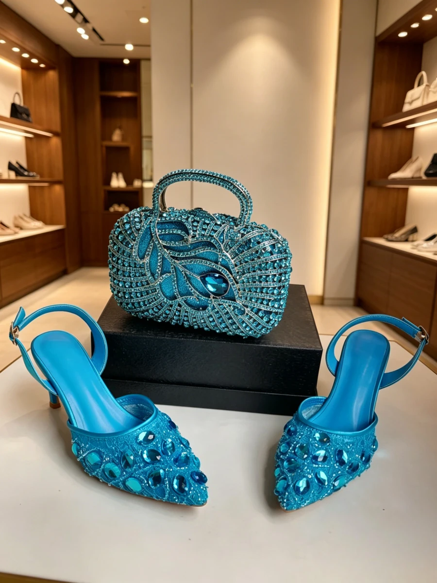 

Diamond Pointed Crystal Heels With Purse Runway High Heels Fashion Shoes Party Evening Banquet Elegant Shoes & Bag Set Chaussure