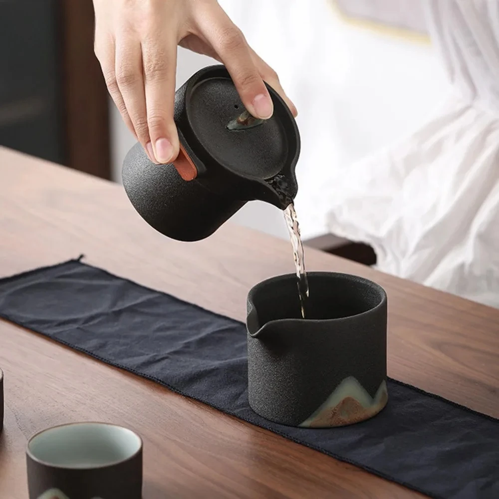 Japanese Hand-painted Mountain Tea Set Kit Vintage Coarse Pottery Set of Cups Teapot and Cups Tea Making Outdoor Portable Bags - Image 5