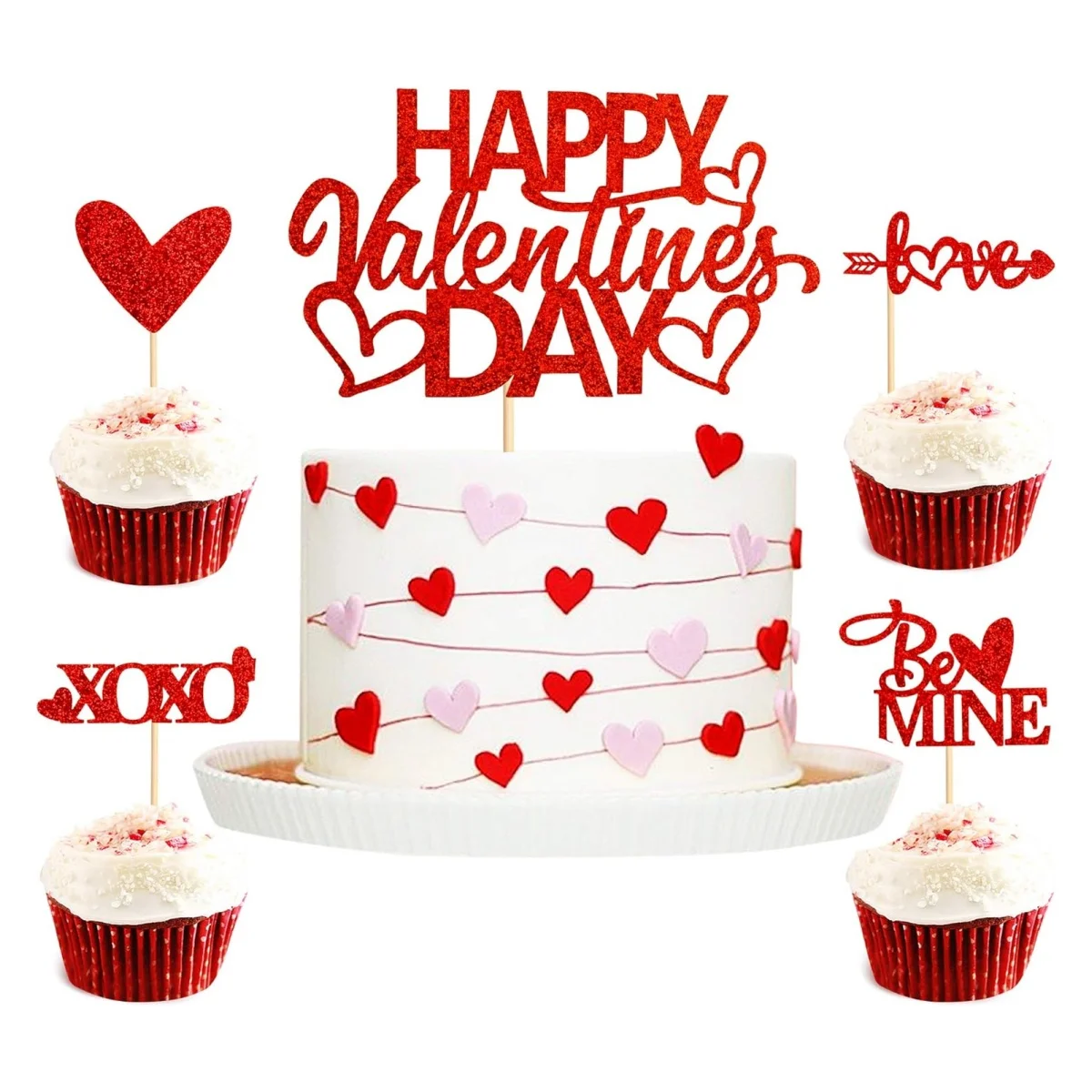 24 PCS Pack Red Glitter Love Heart Cupcake Toppers with Happy Valentine's Day Cake Topper Picks Decoration for Valentine's Day T