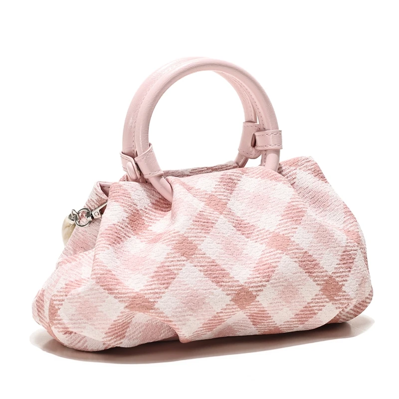 Trend Pink Checkered Pattern Women's Pleated Pu Leather Handbag Fashion Beading Cloud Shaped Bag Lady's Daily Commuting Bag
