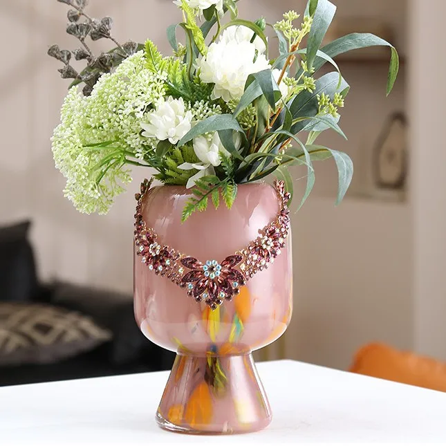 &c Light Luxury High-end Glass Vase Geometry Shape Inlay Hydroponic Design Medieval Ornaments Living Room Flower Arrangement