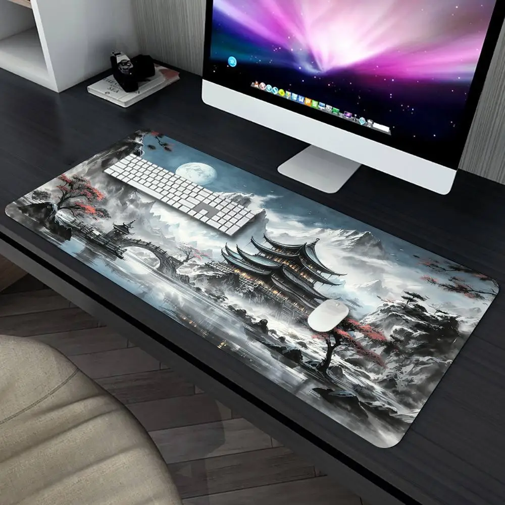 Oriental Chinese Ink Wash Mountain Temple Full Moon Landscape Playmat Rubber Non‑Slip TCG Card Game Desk Mouse Pad