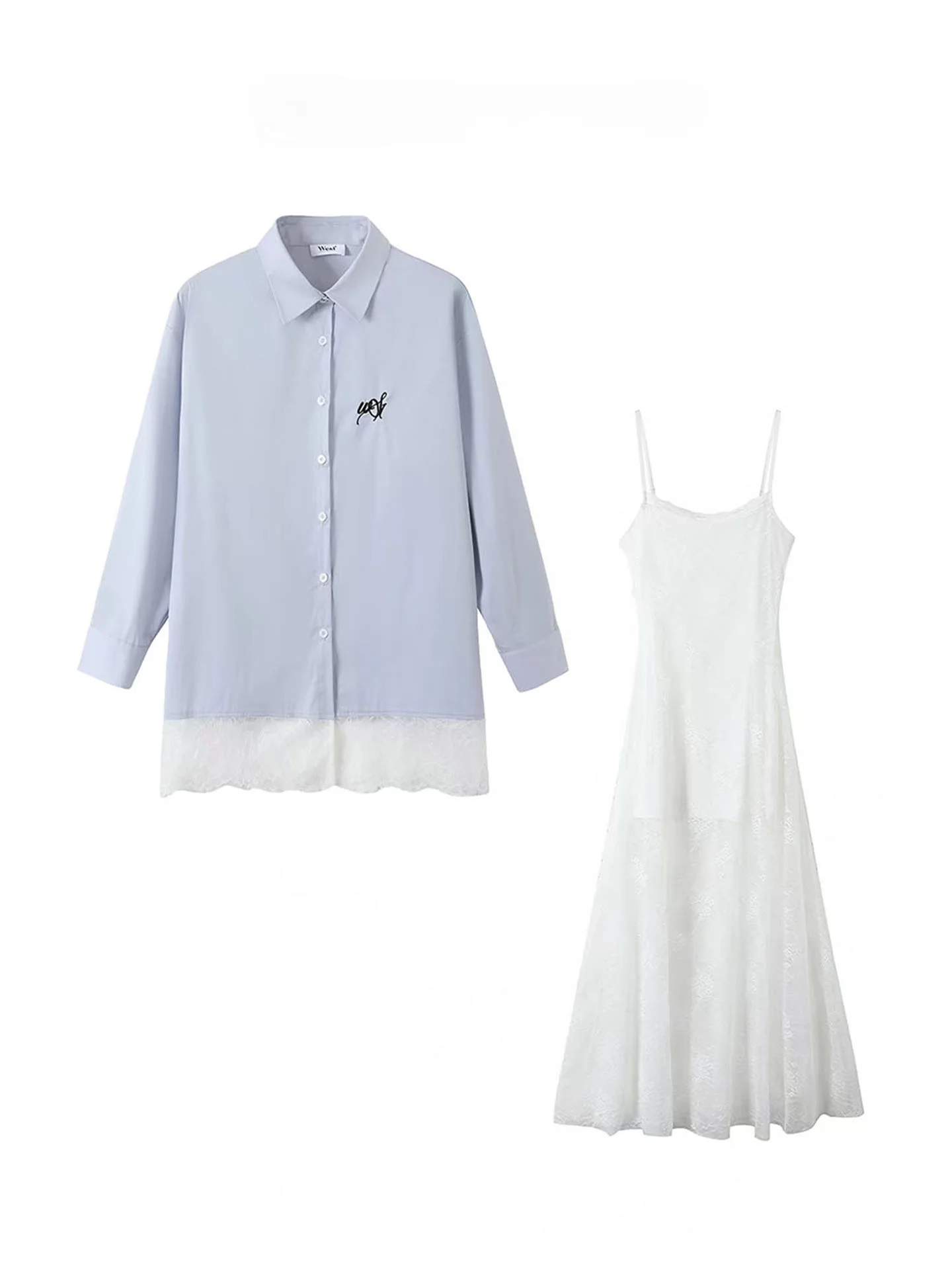 

Sexy Lace Embroidery Strap Dr Women's Spring Summer Blue Long Sve irt Top over Long Skirt Set Faionable Sweet Sle