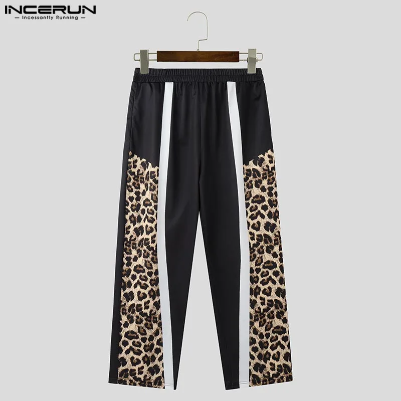 INCERUN Elastic Waist Soprt Style Loose Bottoms Handsome Leopard Printing Long Pants 2024 Men Casual Colorblock Maxi Trousers