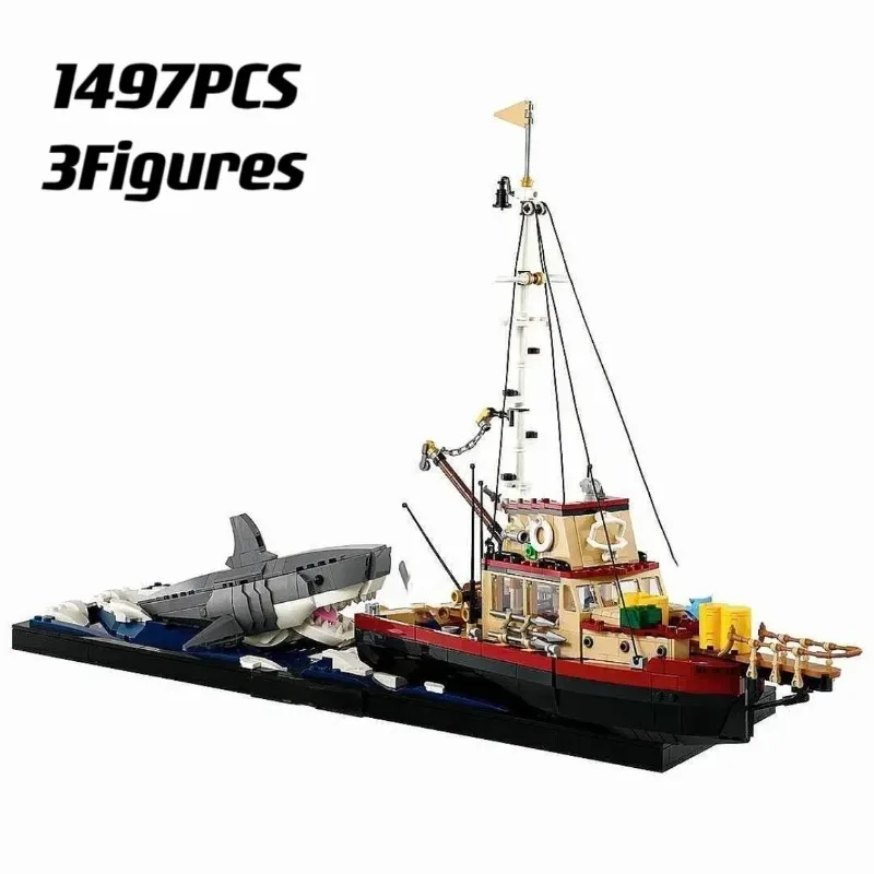 Juego de bloques de construcción modelo tiburón blanco Jaw Diorama, Barco Pirata, barco de pesca, juguetes para niños, regalo, 21350