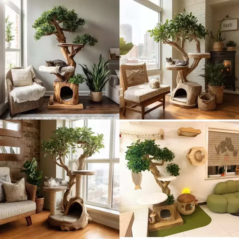 2026 New Modern Large Luxury Wooden Cat Tree Integrated Space Saving Multi Layer Household Small Apartment Cat Climbing Frame